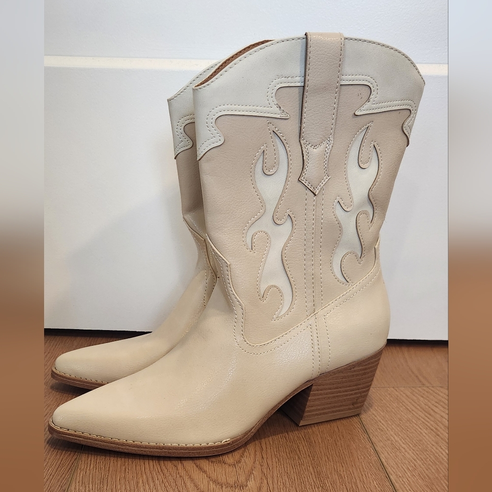 Cream Western Cowboy Mid-Calf Boot - Women's Stylish Pointed Toe